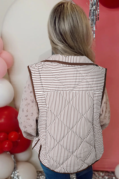 Brown Striped Snap Button Scalloped Hem Winter Vest