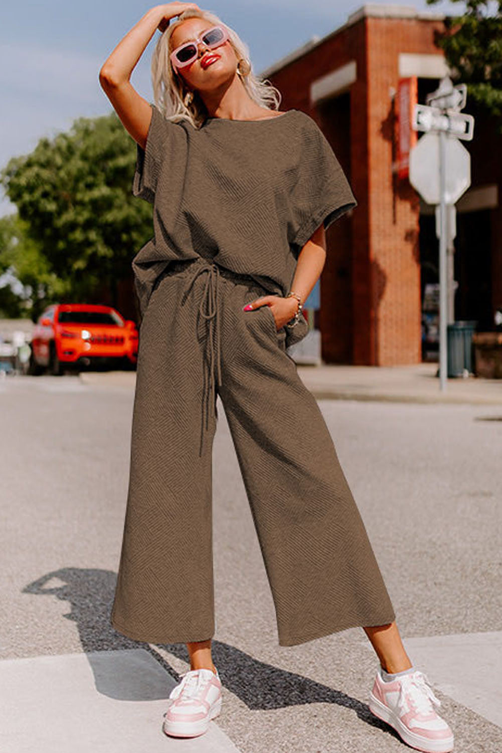 Light Grey Plus Size Textured Casual Two-Piece Pants Set