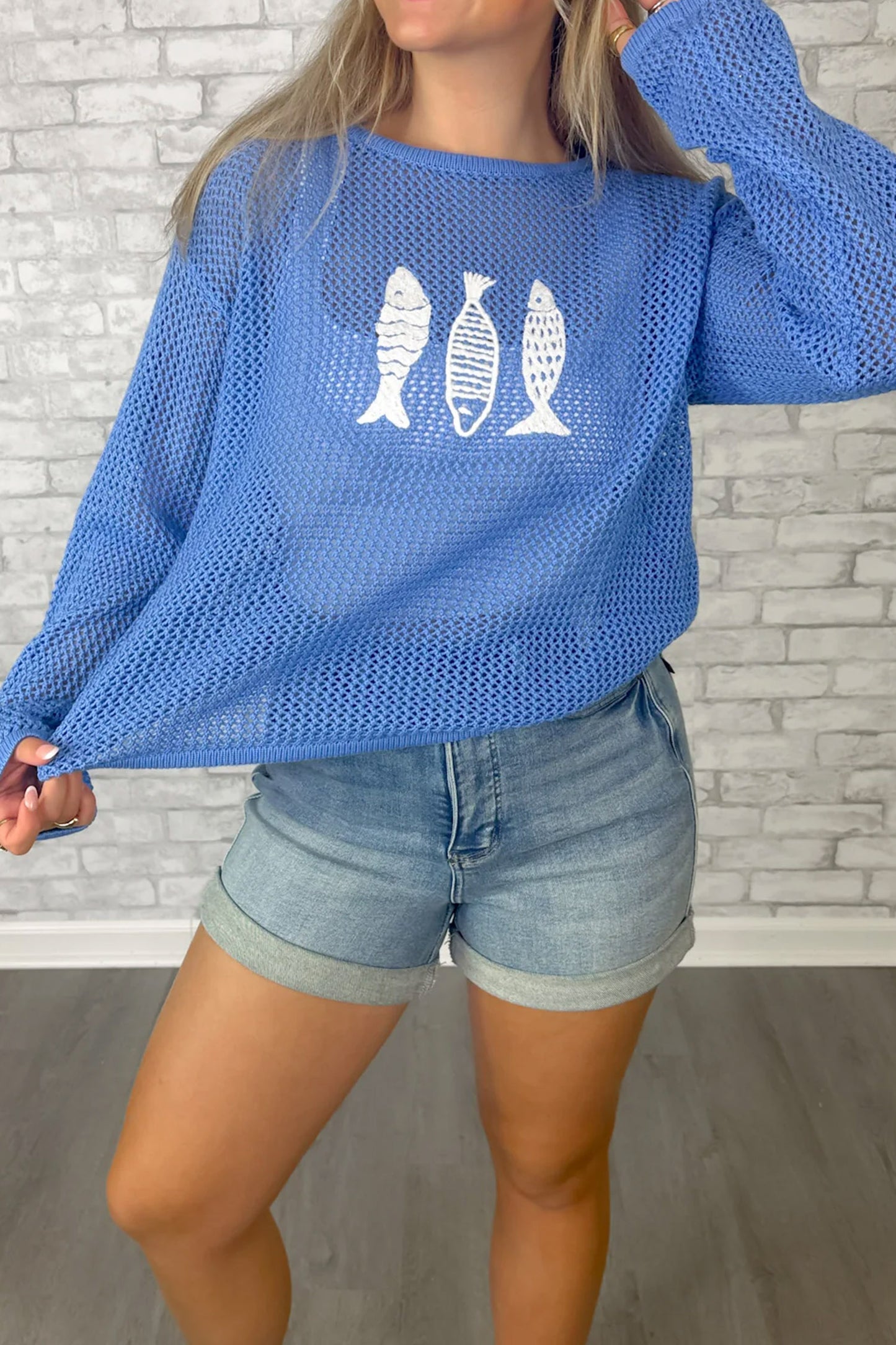 Sky Blue Open Knit Fish Embroidered Casual Sweater
