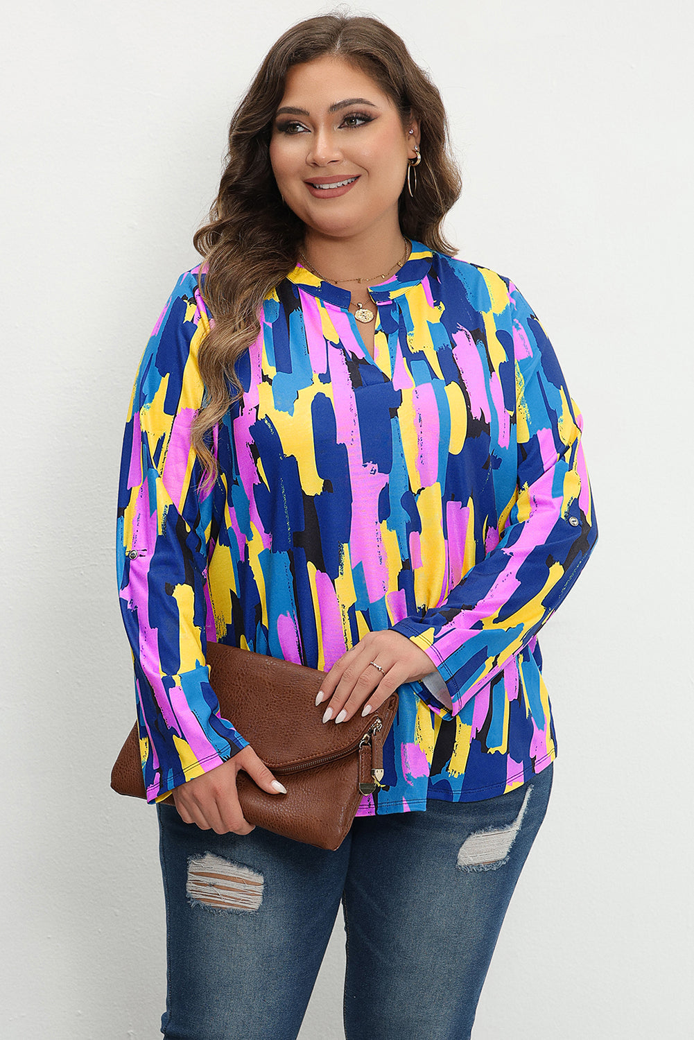 Blue Plus Size Brushstroke Print 3/4 Sleeve Blouse