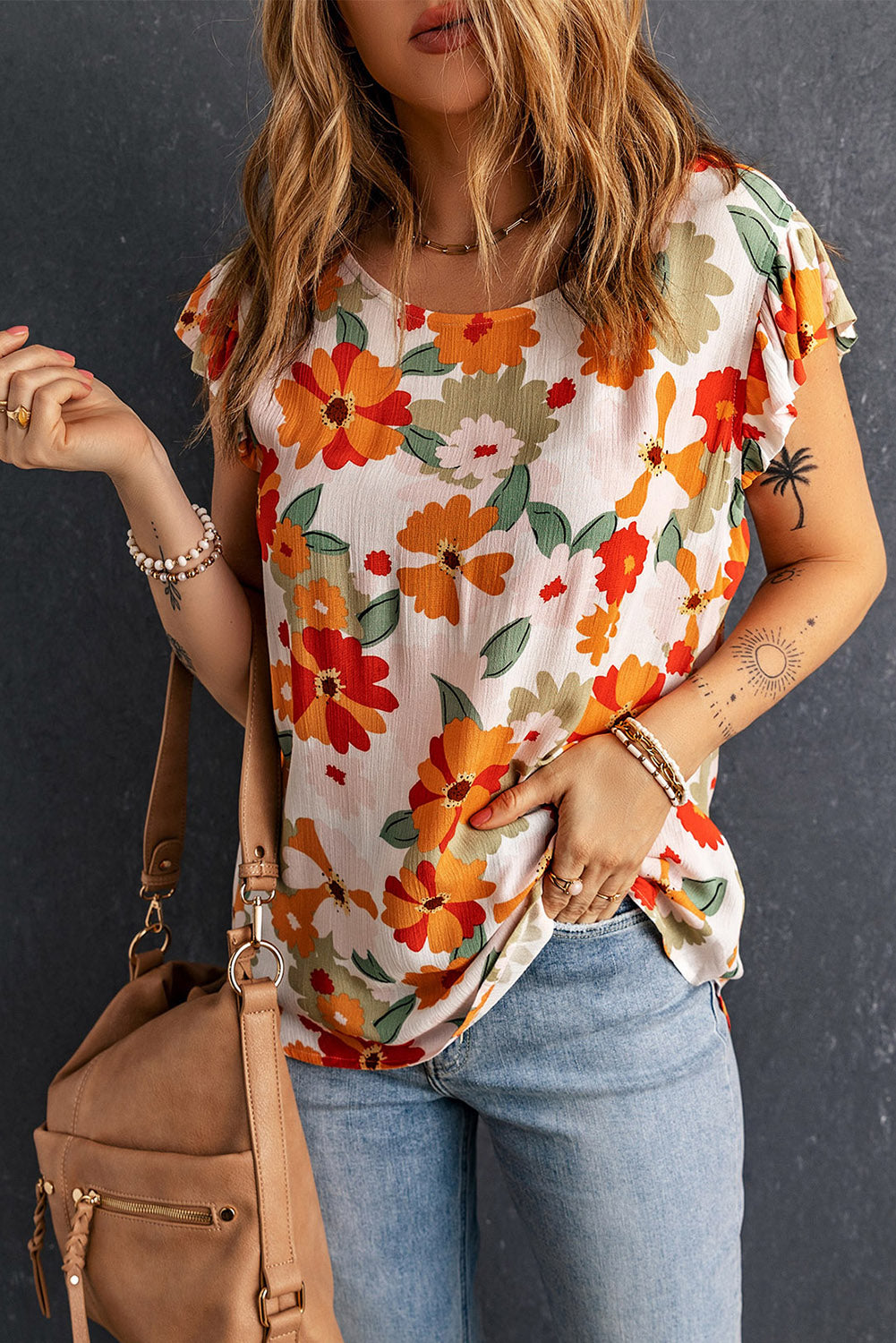 Floral Print Ruffled Flutter Sleeve Blouse