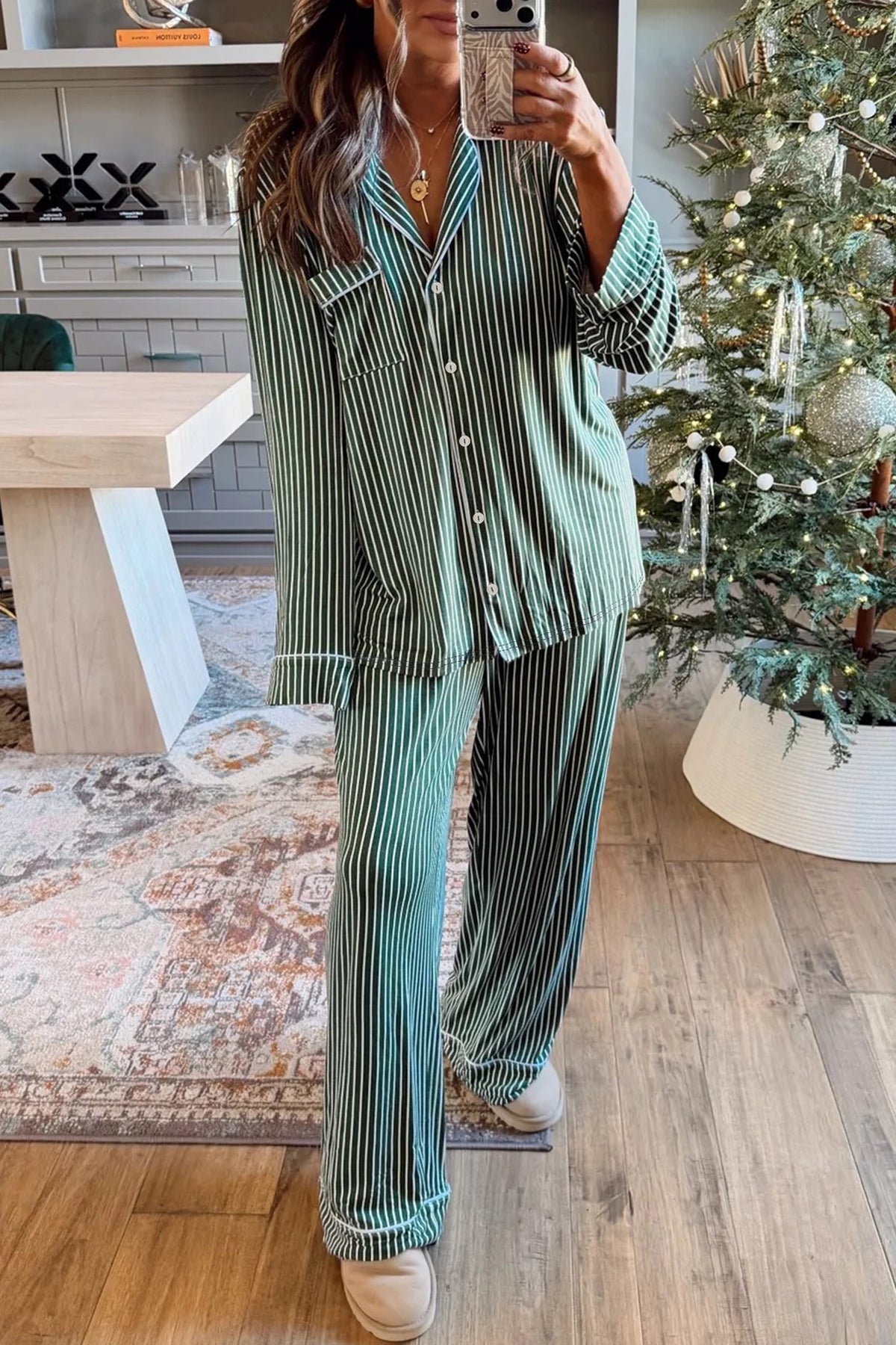 Green Stripe Chest Pocket Lapel Shirt Piping Trim Pajama Pant Set