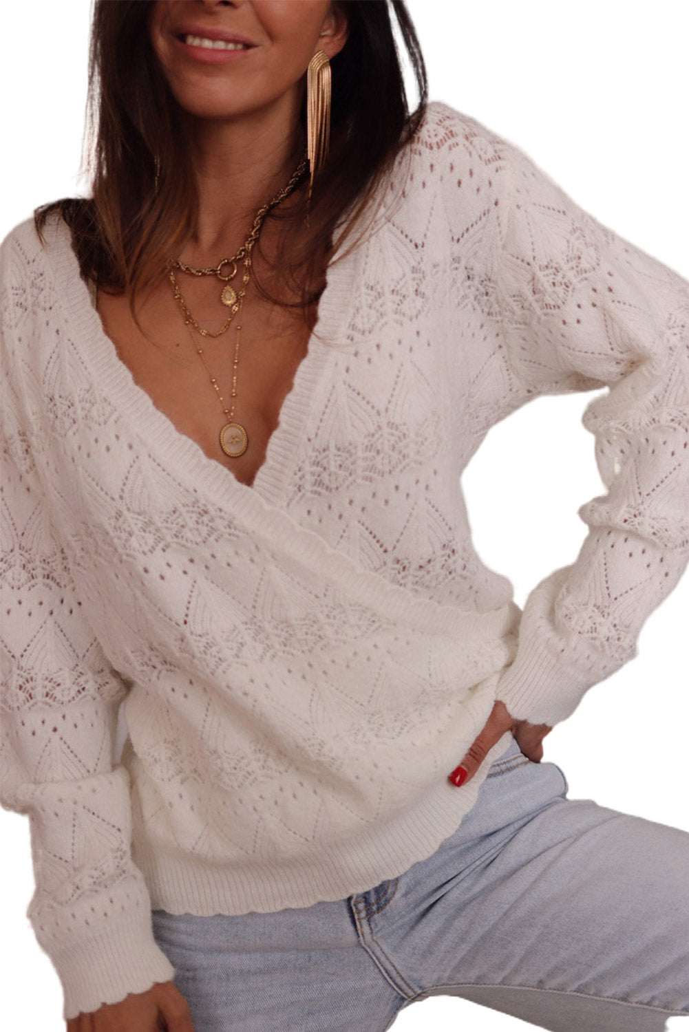 Surplice V Openwork Textured Sweater