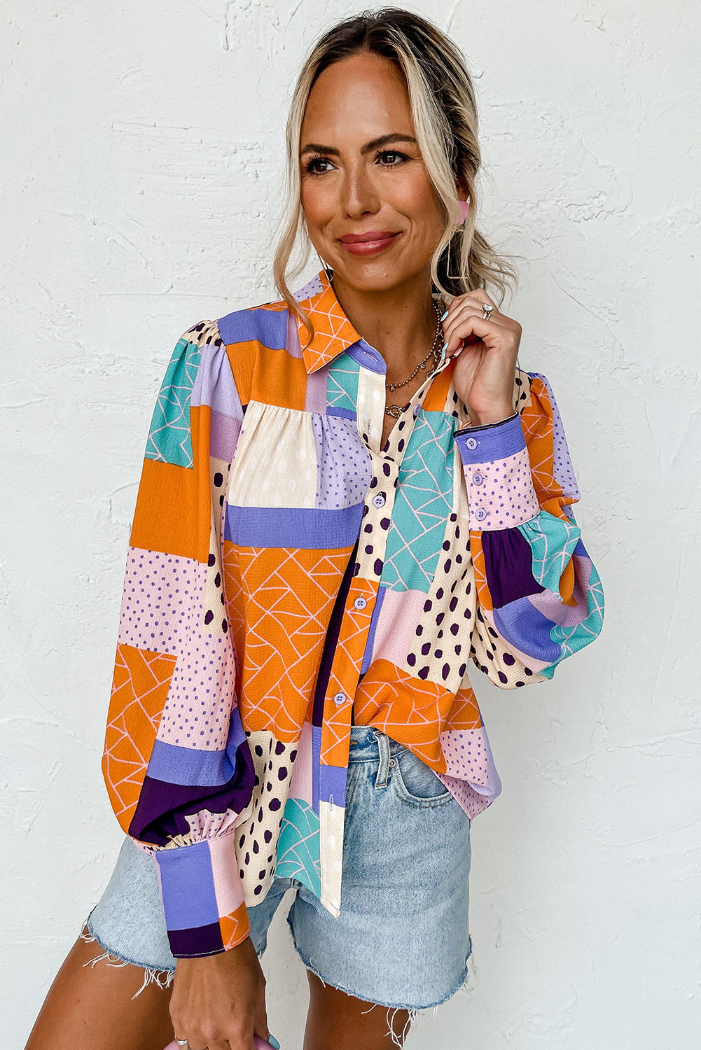 Multicolour Plus Size Mixed Print Buttoned Shirt