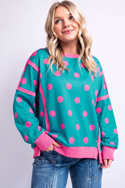 Black Polka Dot Contrast Patchwork Round Neck Baggy Sweatshirt