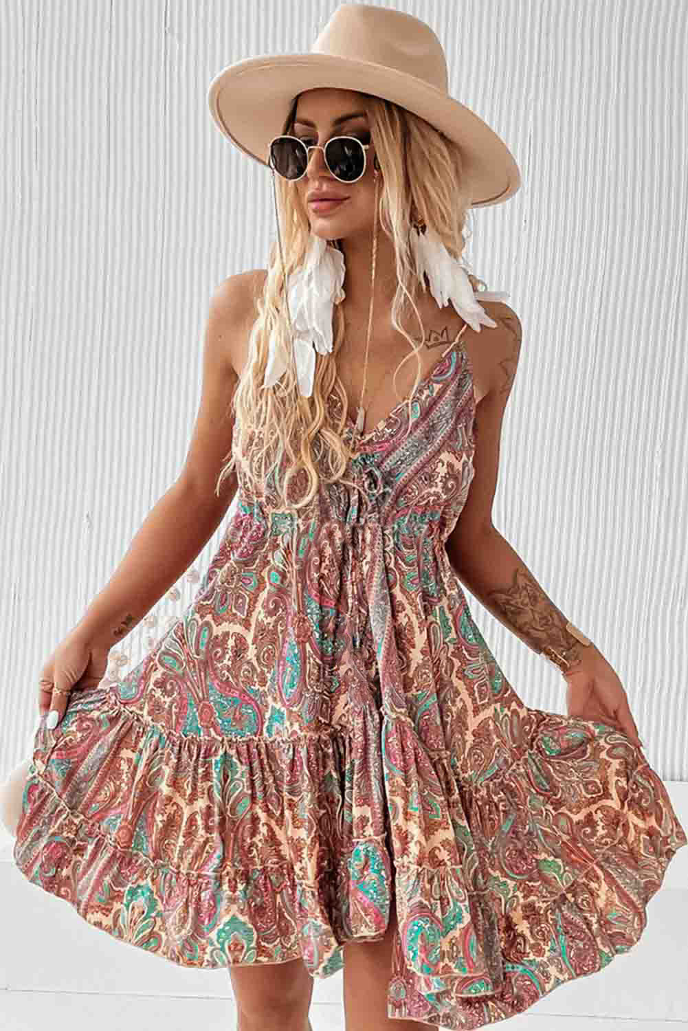 Paisley Print Sleeveless V-Neck Tassel Tie Ruffle Dress