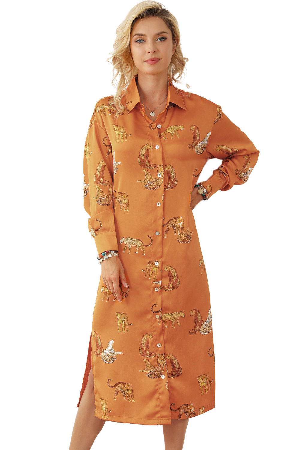 Russet Orange Cheetah Animal Print Button Up Satin Shirt