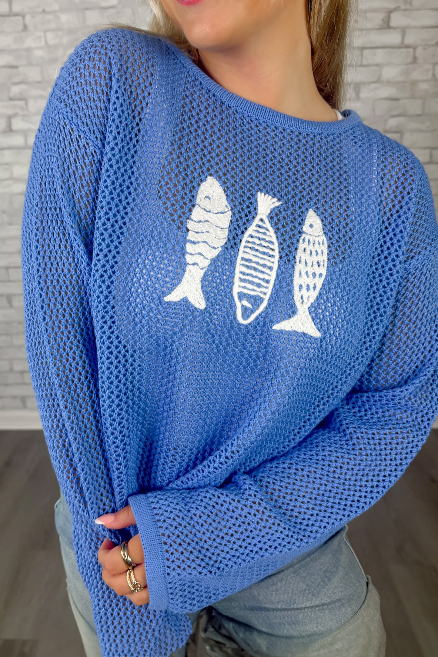 Sky Blue Open Knit Fish Embroidered Casual Sweater