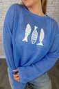 Sky Blue Open Knit Fish Embroidered Casual Sweater