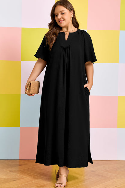 Black Plus Size Solid Color Notched Neck Short Sleeve Loose Dress