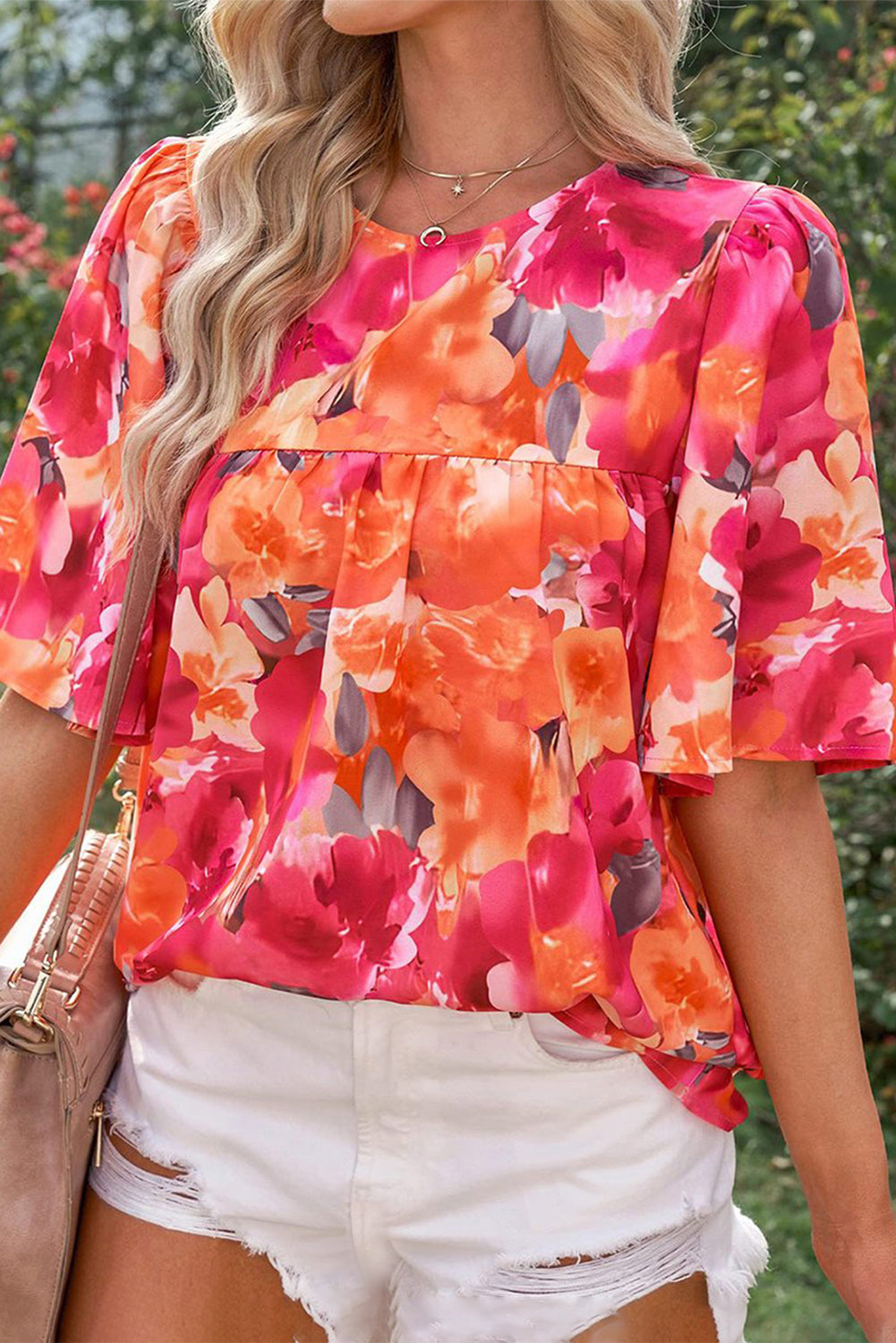 Red Floral Print Split Neck Tassel Tie Blouse