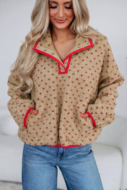 Khaki Heart Pattern Fleece Colorblock Collar Long Sleeve Sweatshirt