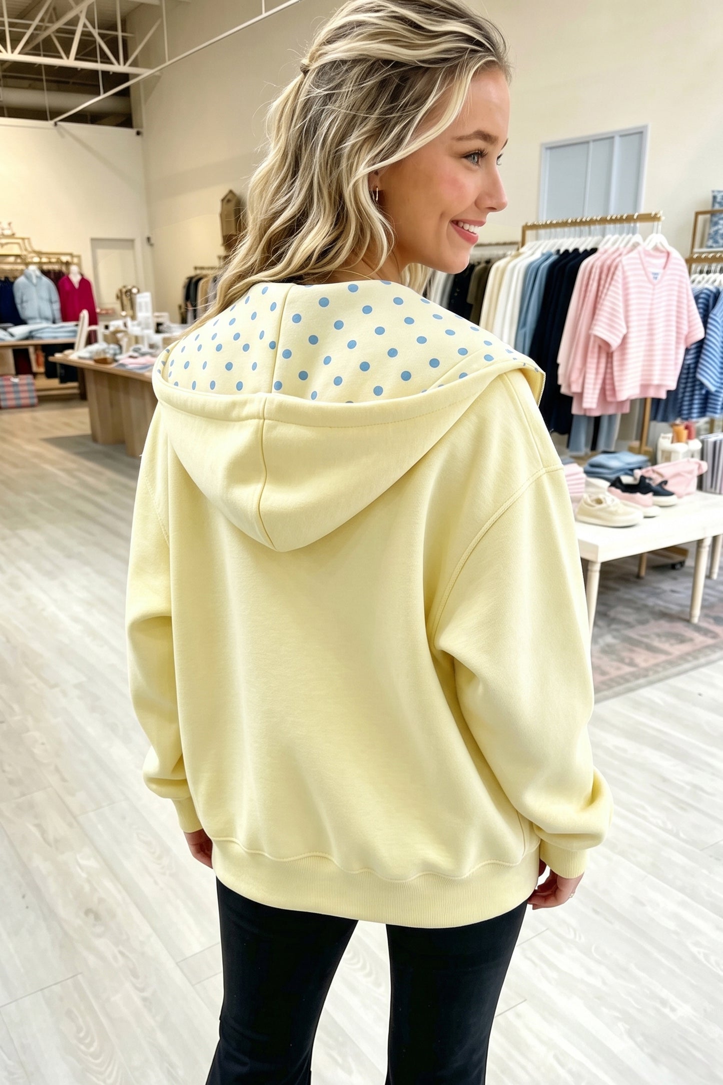 Yellow Cream Polka Dot Hooded Zip-Up Sweatshirt