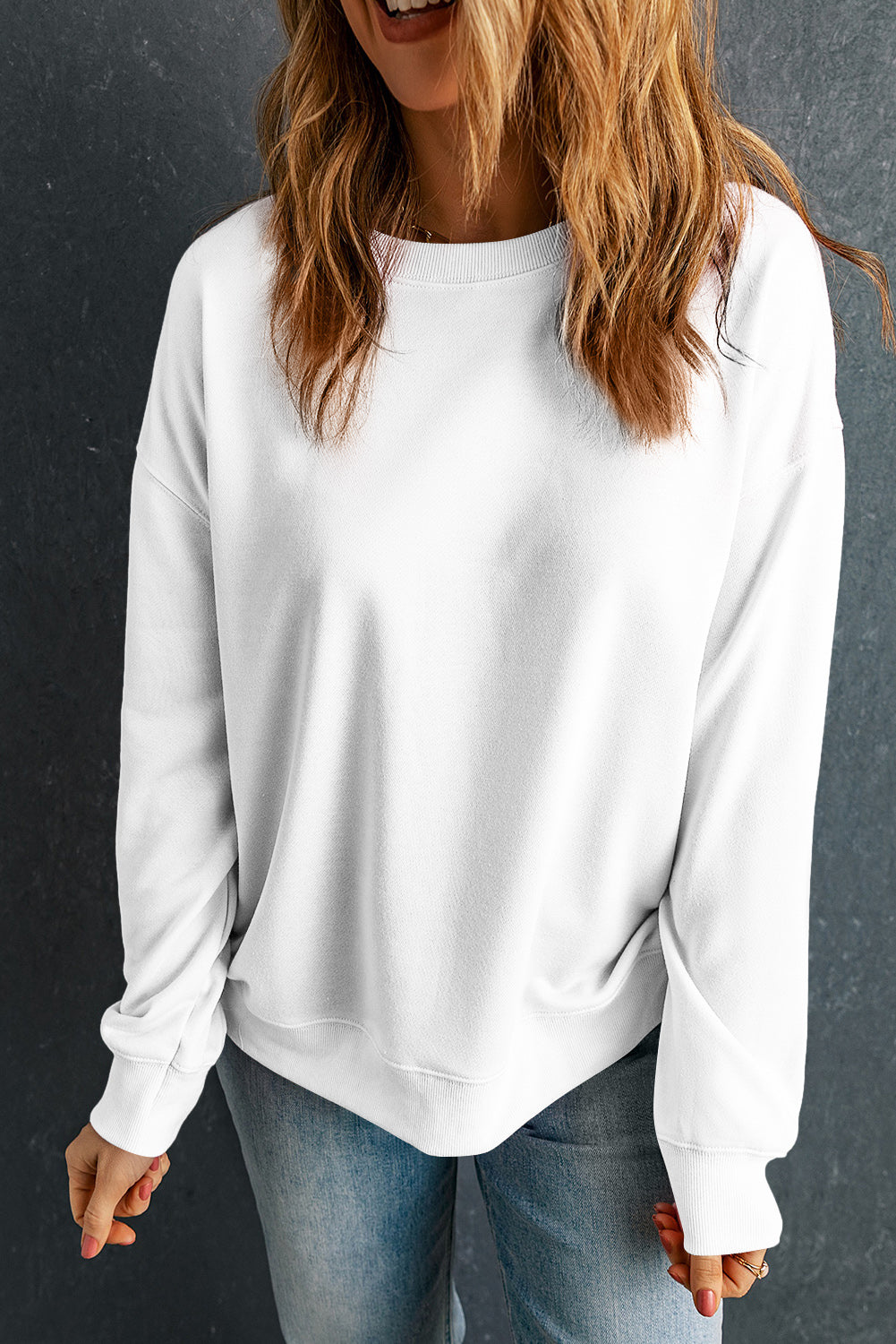 Beige Solid Classic Crewneck Pullover Sweatshirt