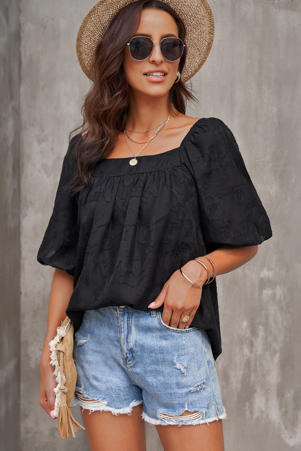 Lush Printed Balloon Sleeve Ruched Chiffon Top