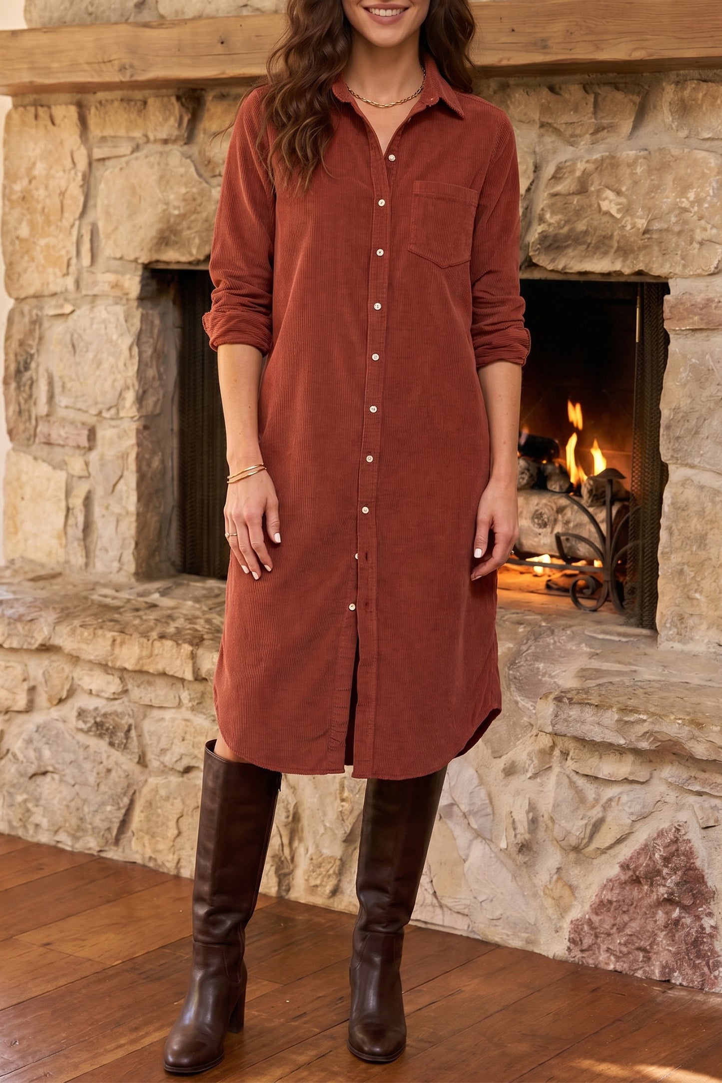 Clay Long Sleeve Button Down Corduroy Midi Length One Piece Dress