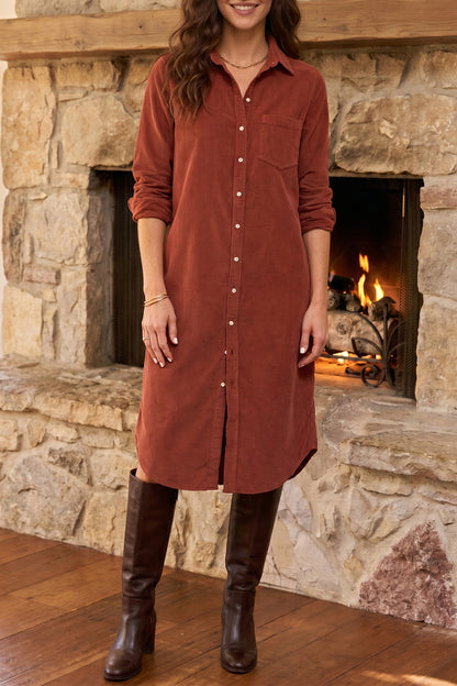 Clay Long Sleeve Button Down Corduroy Midi Length One Piece Dress