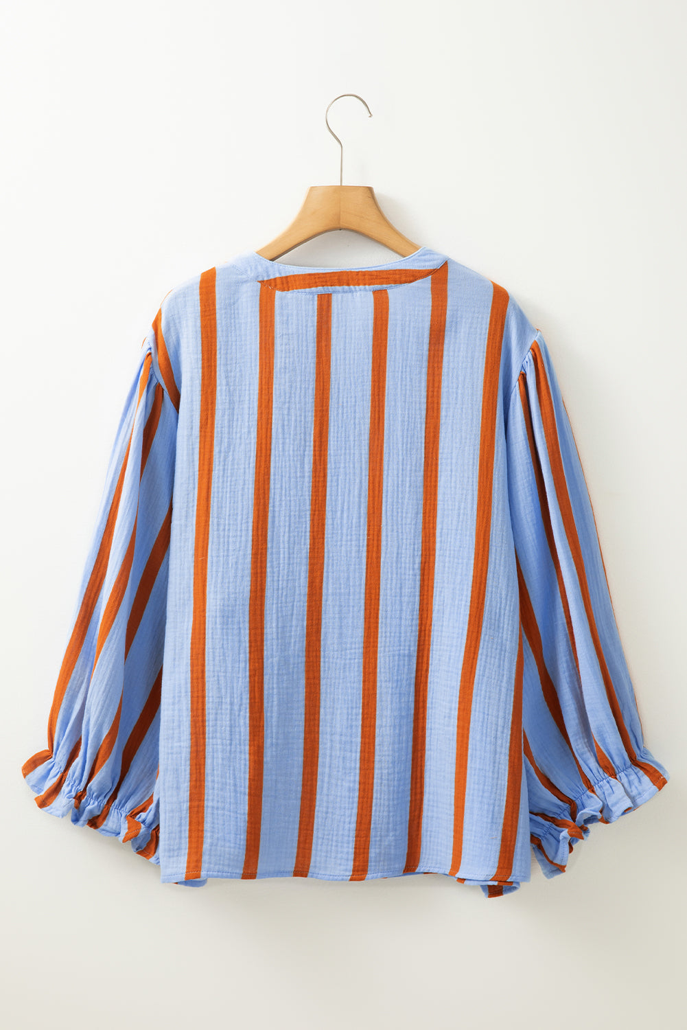 Sky Blue Stripe Crinckled Ruffled Sleeve Button up Loose Shirt