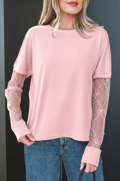 Black Solid Color Bow Textured Patchwork Long Sleeve Tee