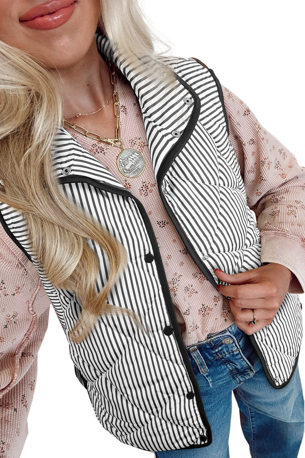 Brown Striped Snap Button Scalloped Hem Winter Vest