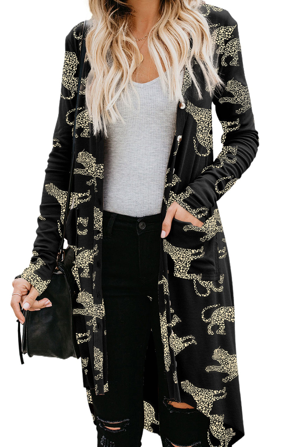 Black Printed Cheetah Print Bubble Sleeve Blouse