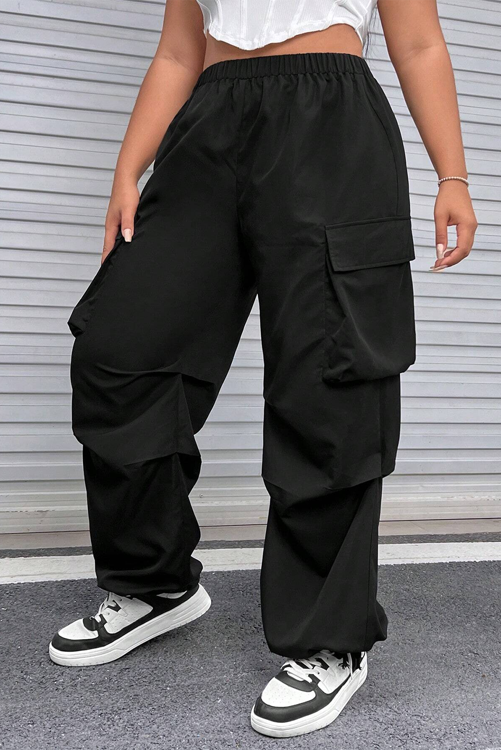 Black Plus Size Flap Pocket Elastic Waist Cargo Pants