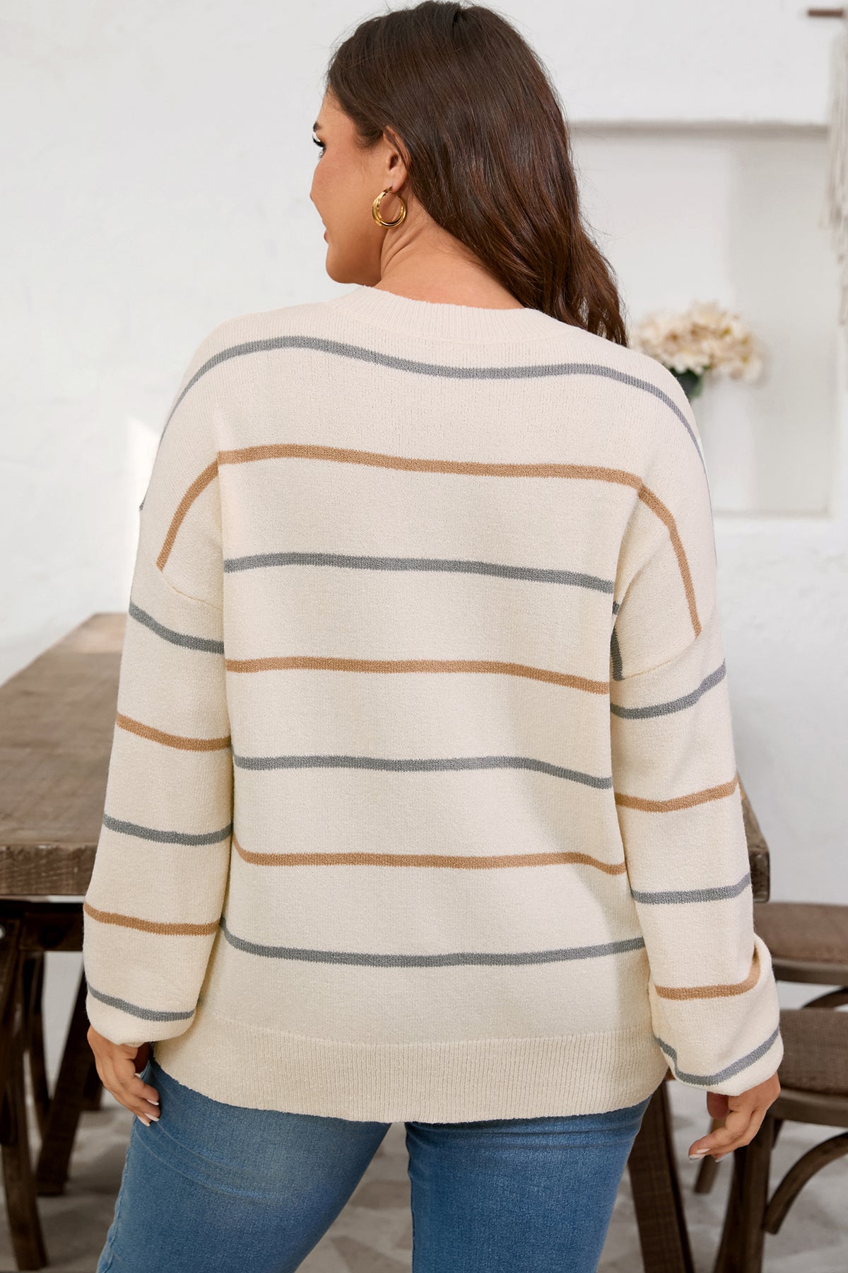 Multicolour Striped Drop Shoulder Plus Sweater