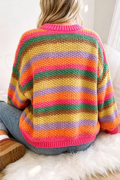 Camel Rainbow Striped Knit Round Neck Puff Sleeve Sweater