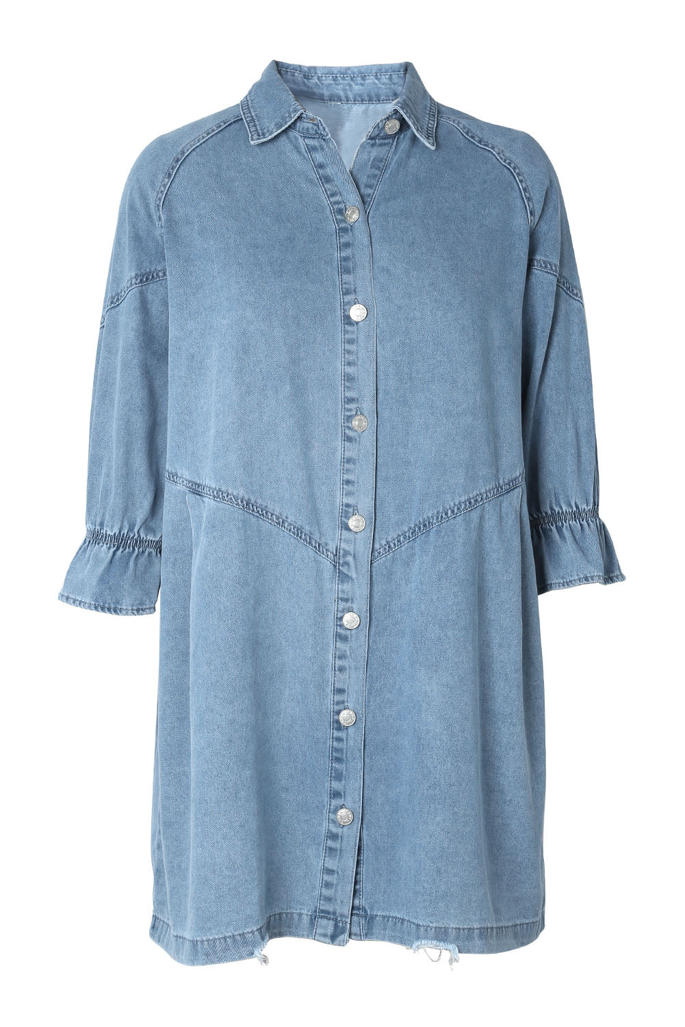 Light Blue Ruffled 3/4 Sleeve Buttoned Front Plus Size Denim Dress