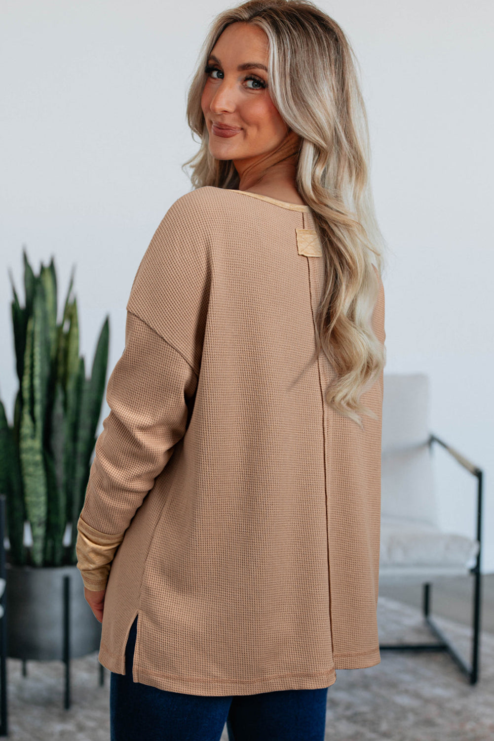 Vineyard Green Waffle Textured Patchwork Tunic Henley Top