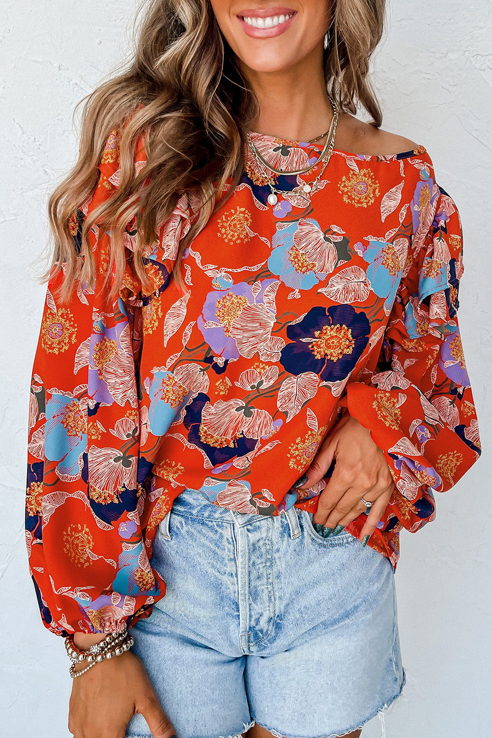 Ginger Floral Print Ruffle Puff Sleeve Blouse