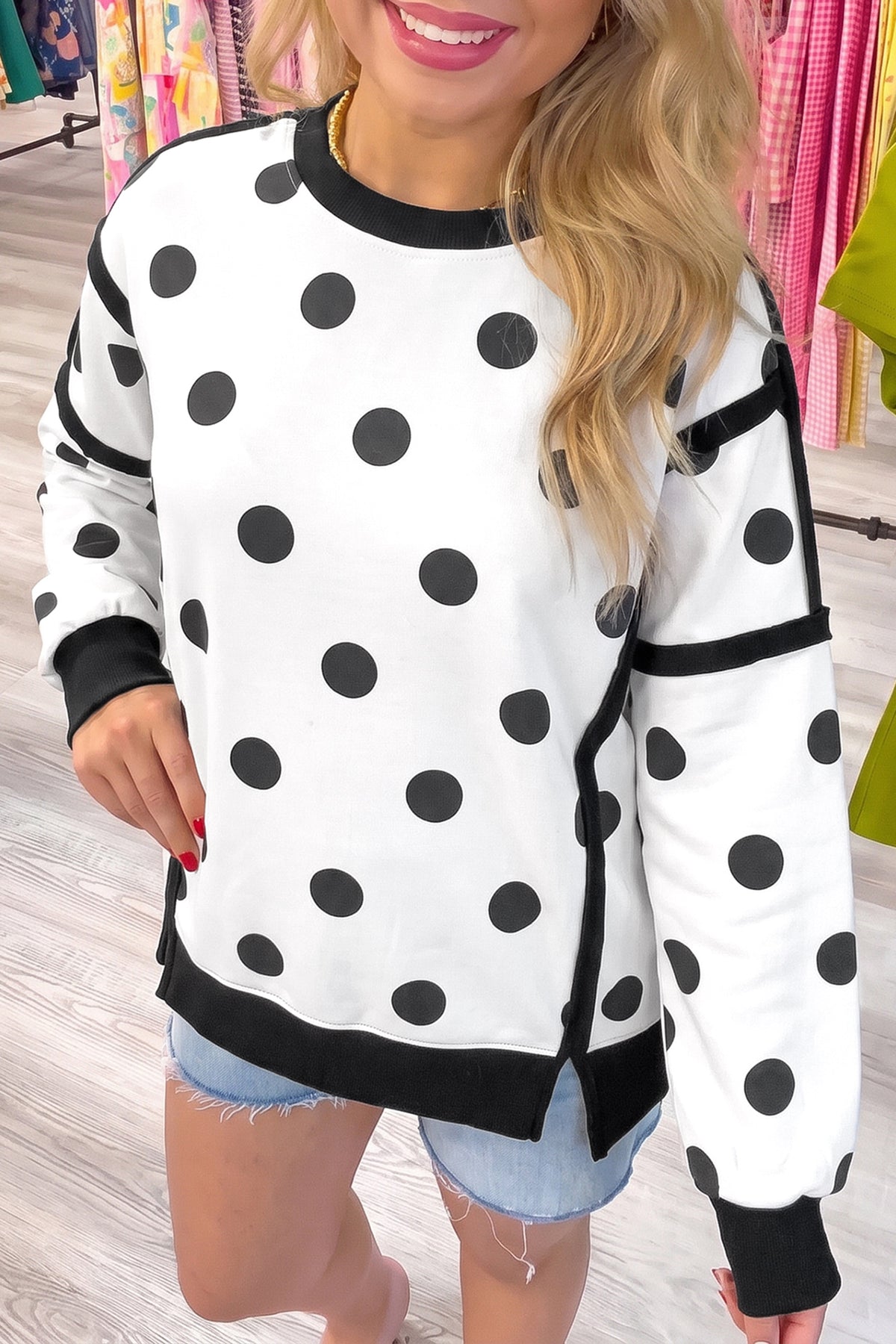 Black Polka Dot Contrast Patchwork Round Neck Baggy Sweatshirt