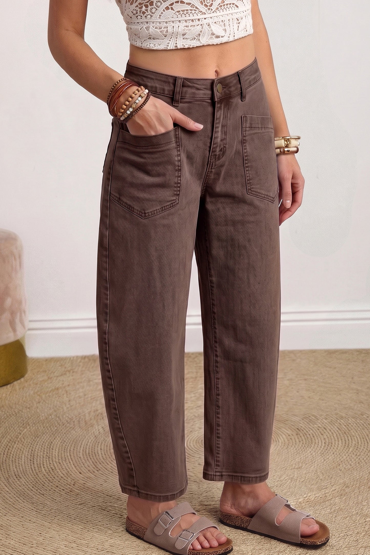 Four Leaf Clover Solid Color Square Patch Pocket Ankle-length Barrel Jeans