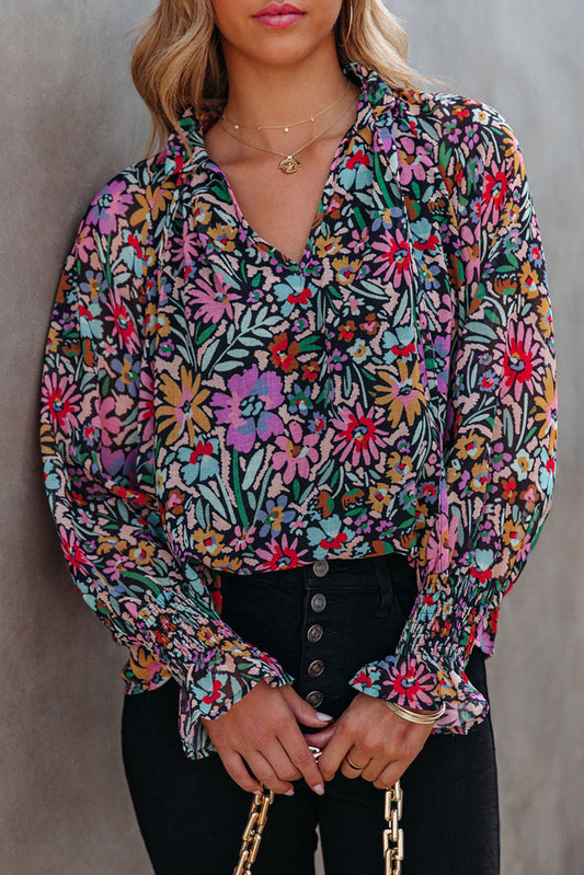 Multicolour Plus Size Floral Smocked Cuffs V-Neck Blouse