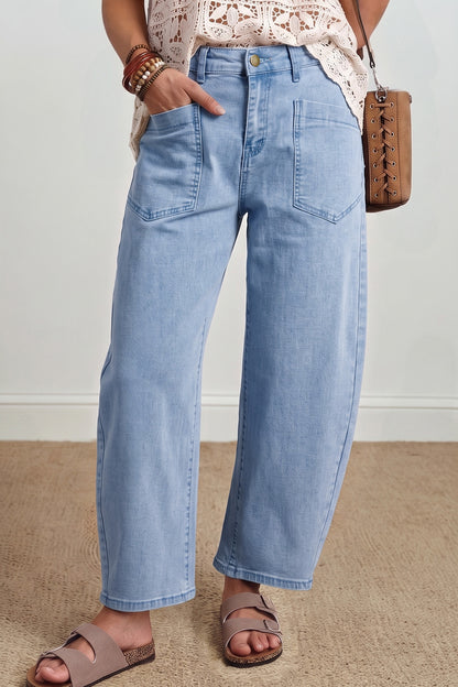Four Leaf Clover Solid Color Square Patch Pocket Ankle-length Barrel Jeans