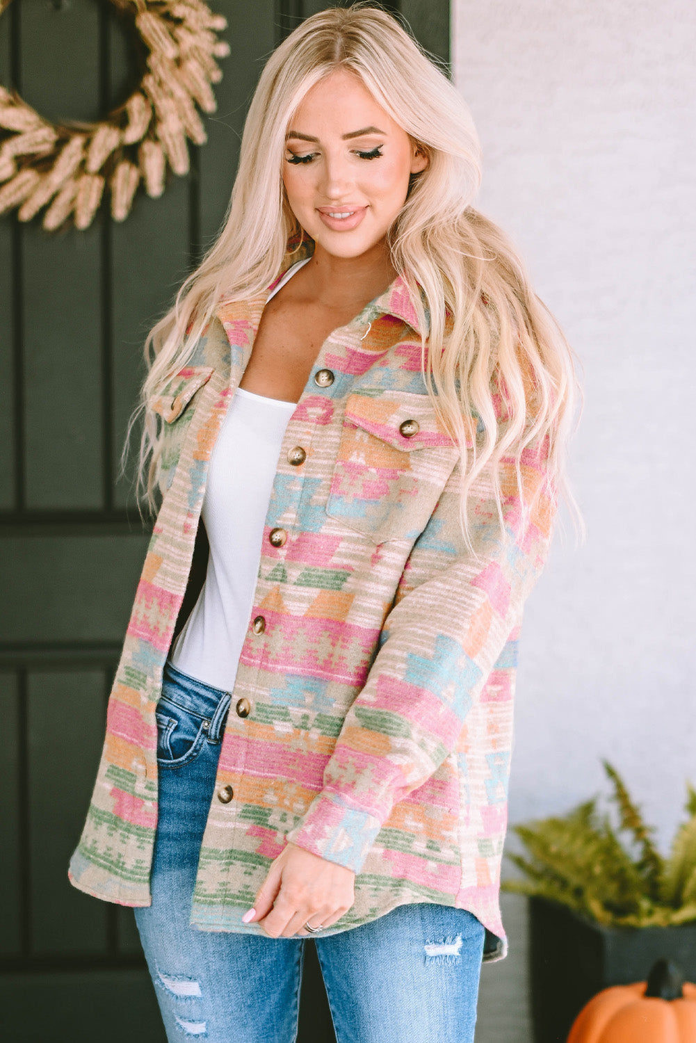 Light Pink Aztec Patch Drawstring Hooded Zip Up Jacket