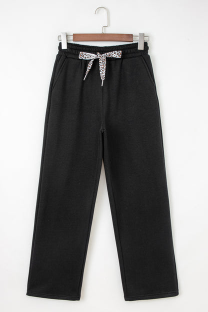 Black Fleece Lined Leopard Drawstring Elastic Waist Solid Pants