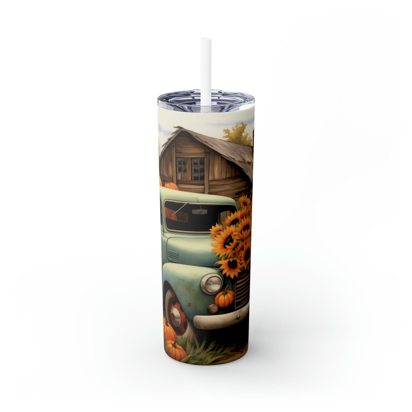 Sunflowers and Pumpkins Truck Skinny Tumbler with Straw, 20oz