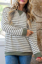 Green Stripe Twisted Ribbed Patchwork Textured Long Sleeve Top