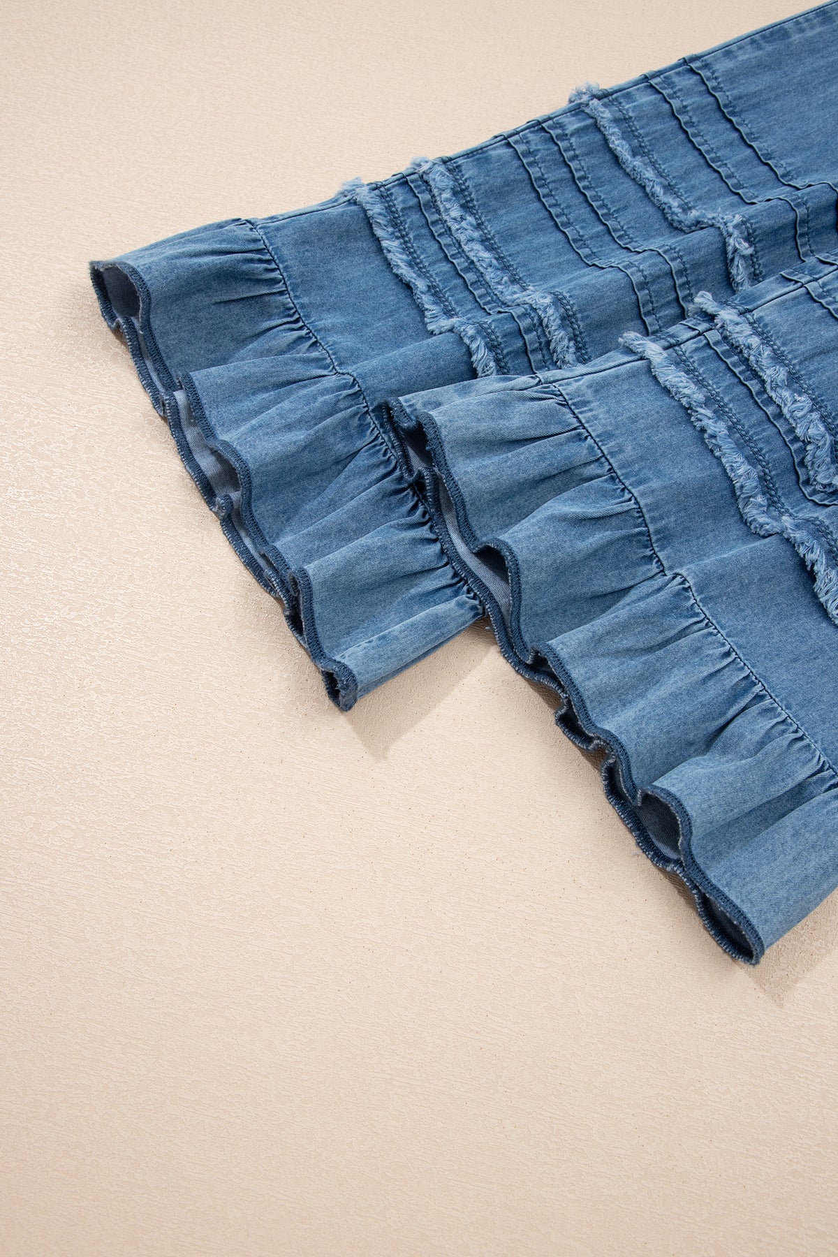 Beau Blue Ruffled Hem Wide Leg Chambray Pants