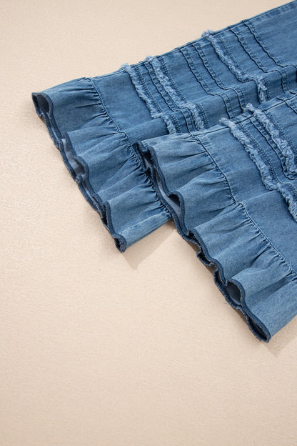Beau Blue Ruffled Hem Wide Leg Chambray Pants