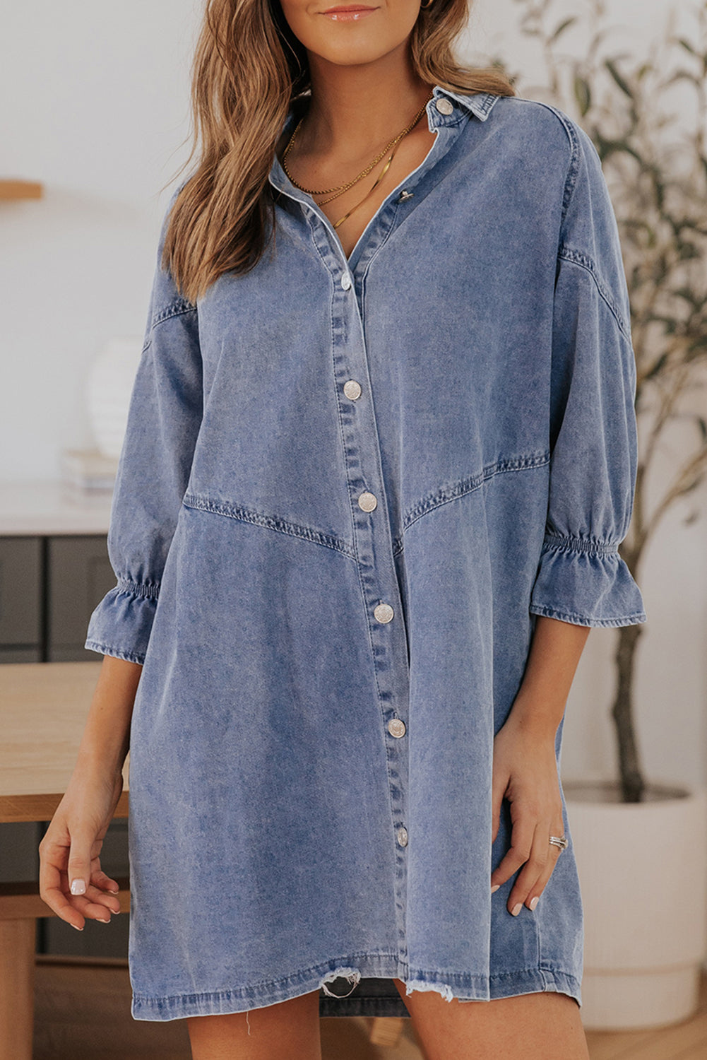 Light Blue Ruffled 3/4 Sleeve Buttoned Front Plus Size Denim Dress