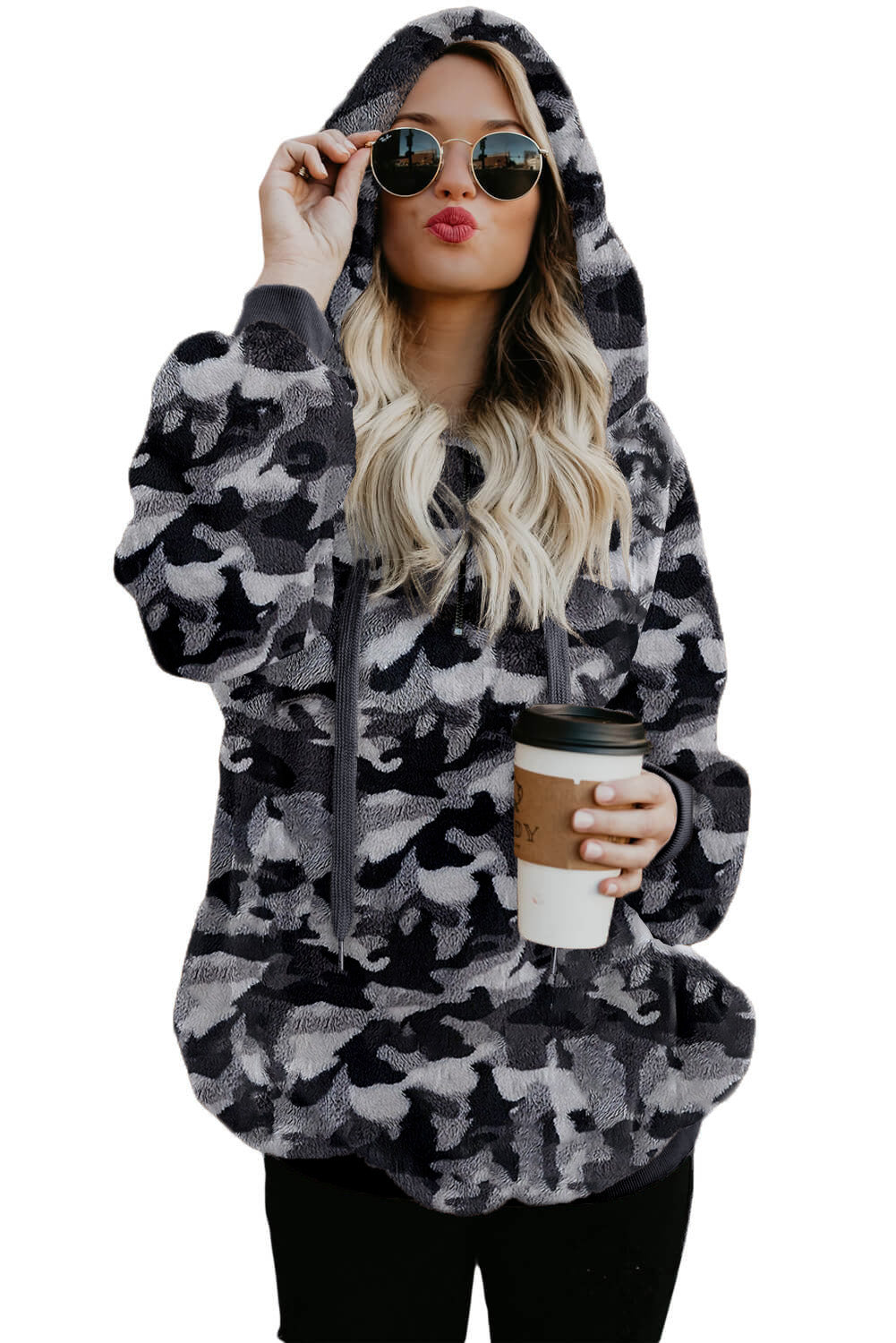 Camo Print Warm Furry Pullover Hoodie