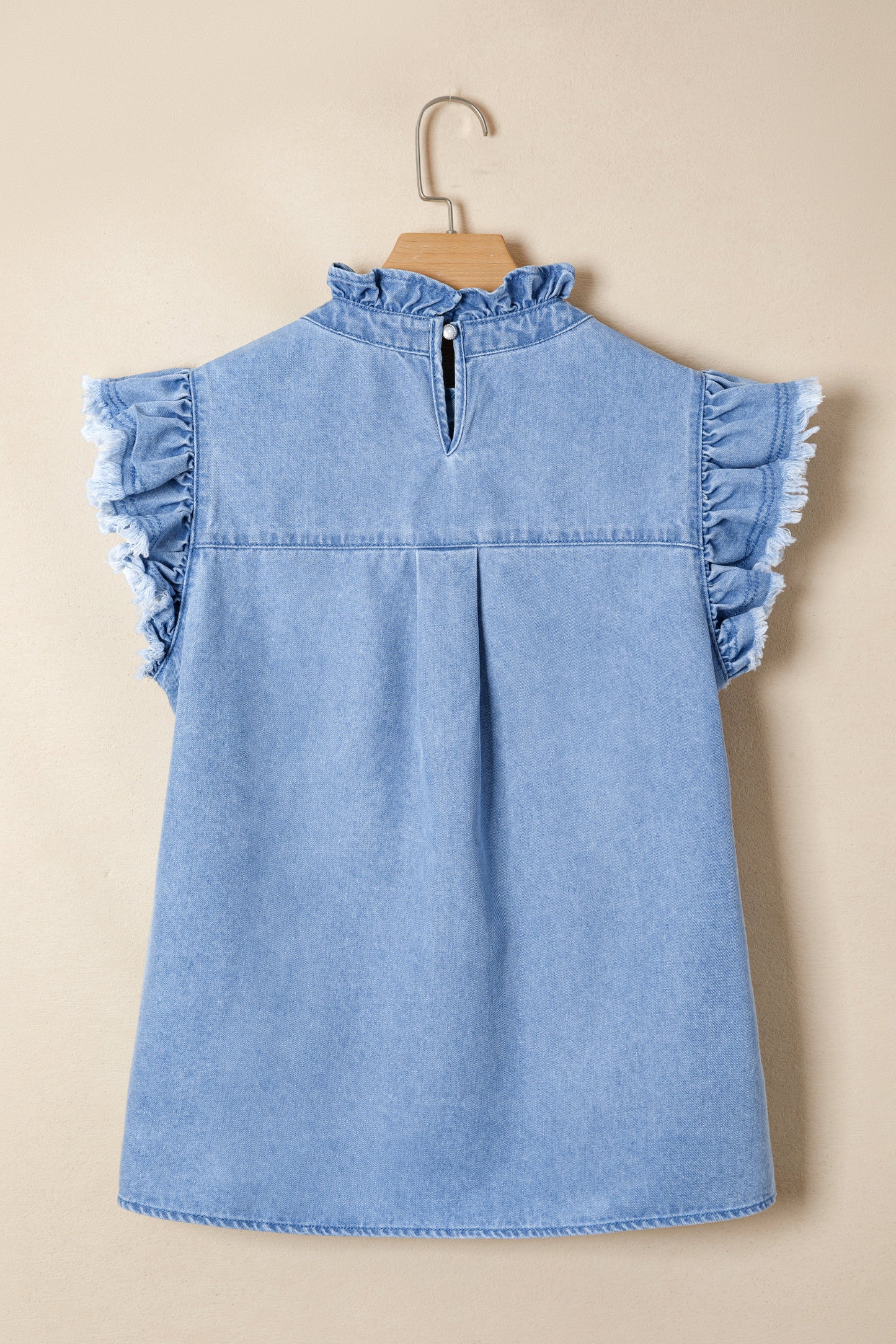 White Frilled Collar Flutter Sleeve Denim Top
