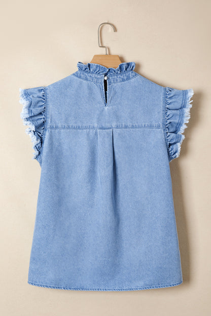 White Frilled Collar Flutter Sleeve Denim Top