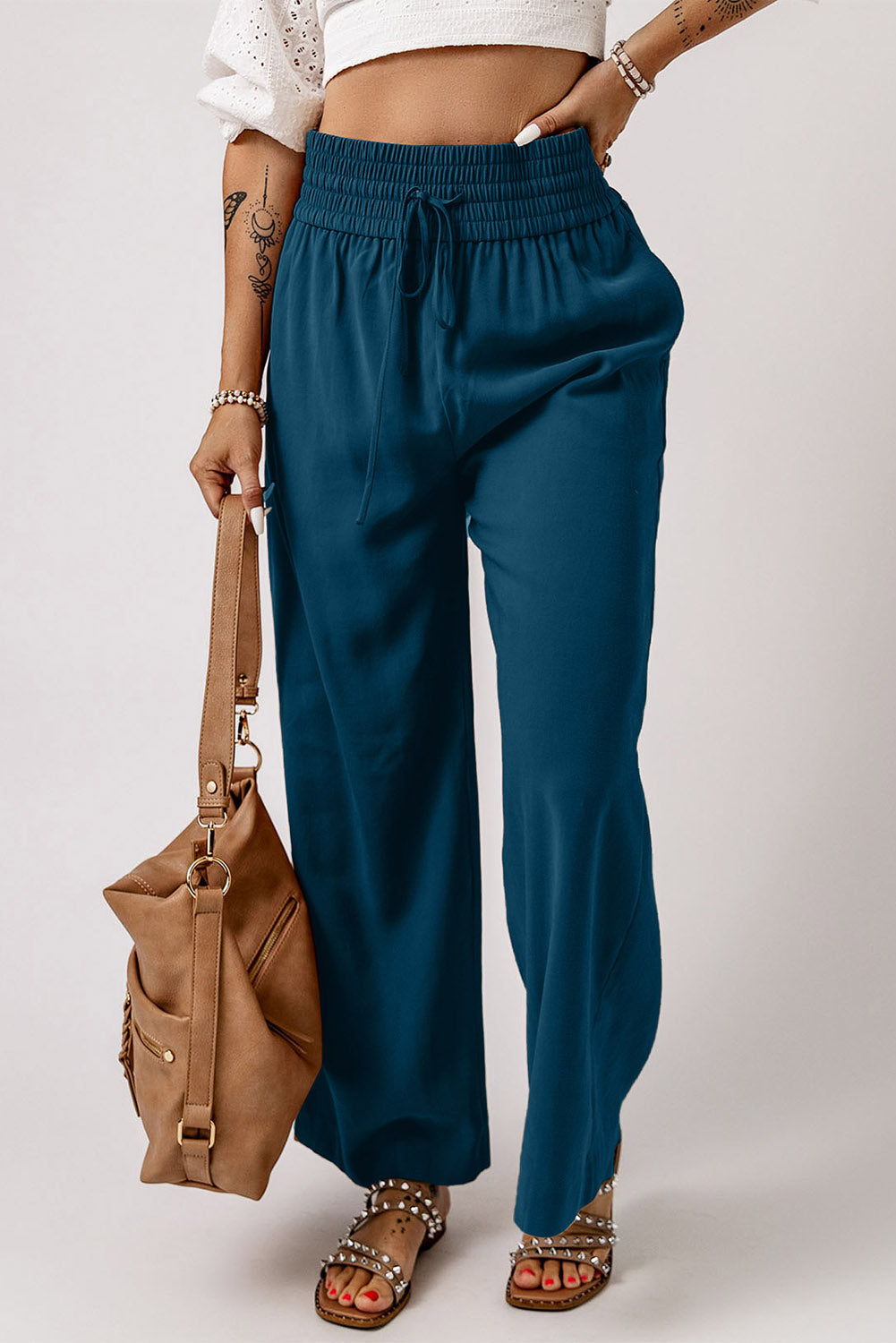 Casual Drawstring Shirred Elastic Waist Wide Leg Pants