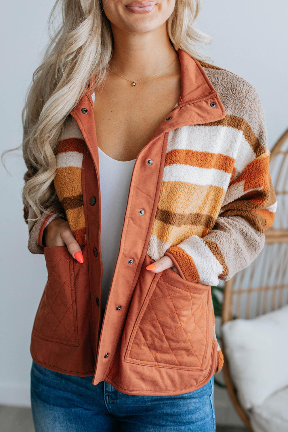 Quilted Patch Pockets Aztec Furry Jacket