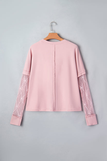 Black Solid Color Bow Textured Patchwork Long Sleeve Tee