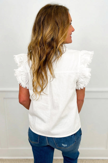White Frilled Collar Flutter Sleeve Denim Top