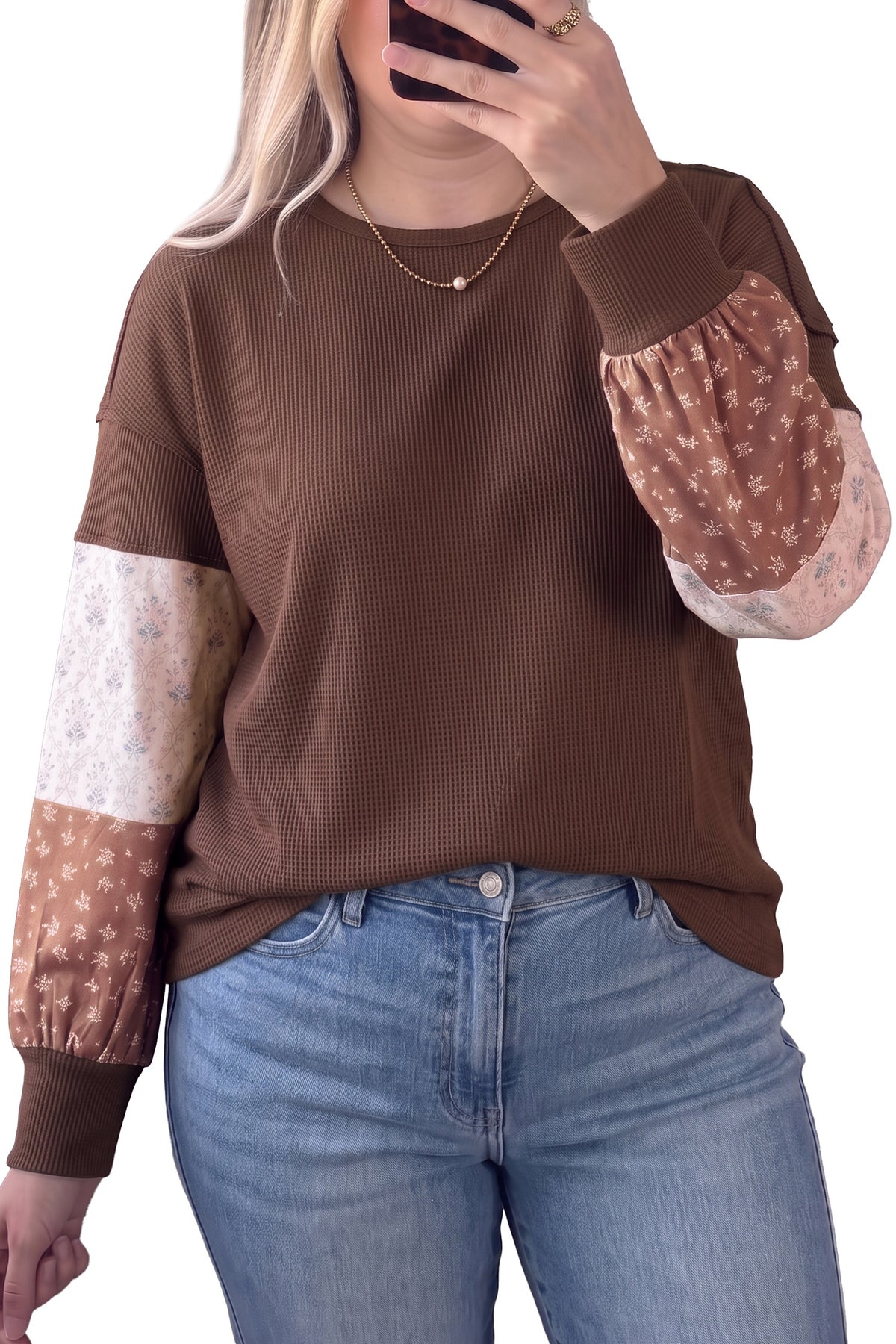Coffee Plus Size Waffle Knit Floral Patchwork Long Sleeve Top